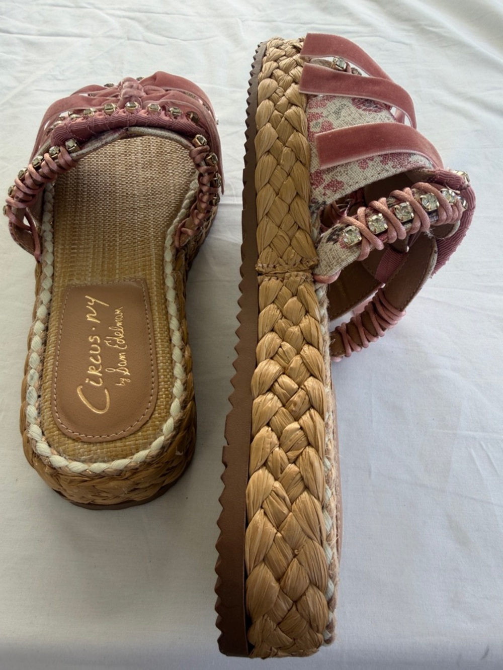 Sam Edelman Wyatt Sz 8 Pink Mixed media ribbon &  Rhinestone Sandals NEW - Picture 14 of 16